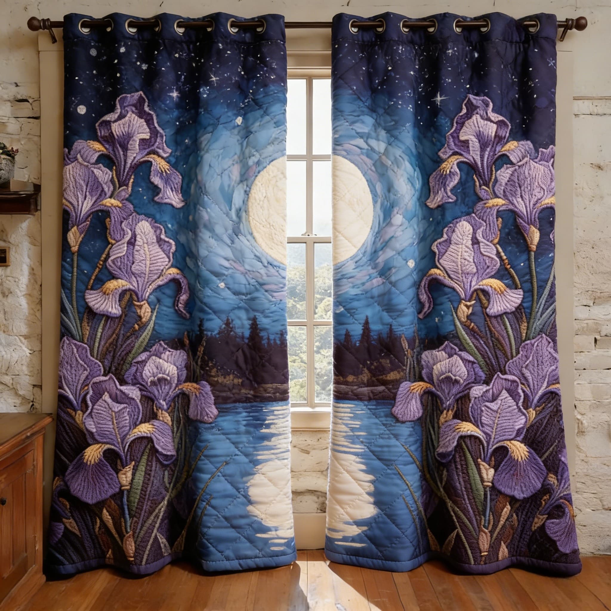 Moonlit Purple Iris & Lake Landscape Embroidered Knitwear Quilted Curtains