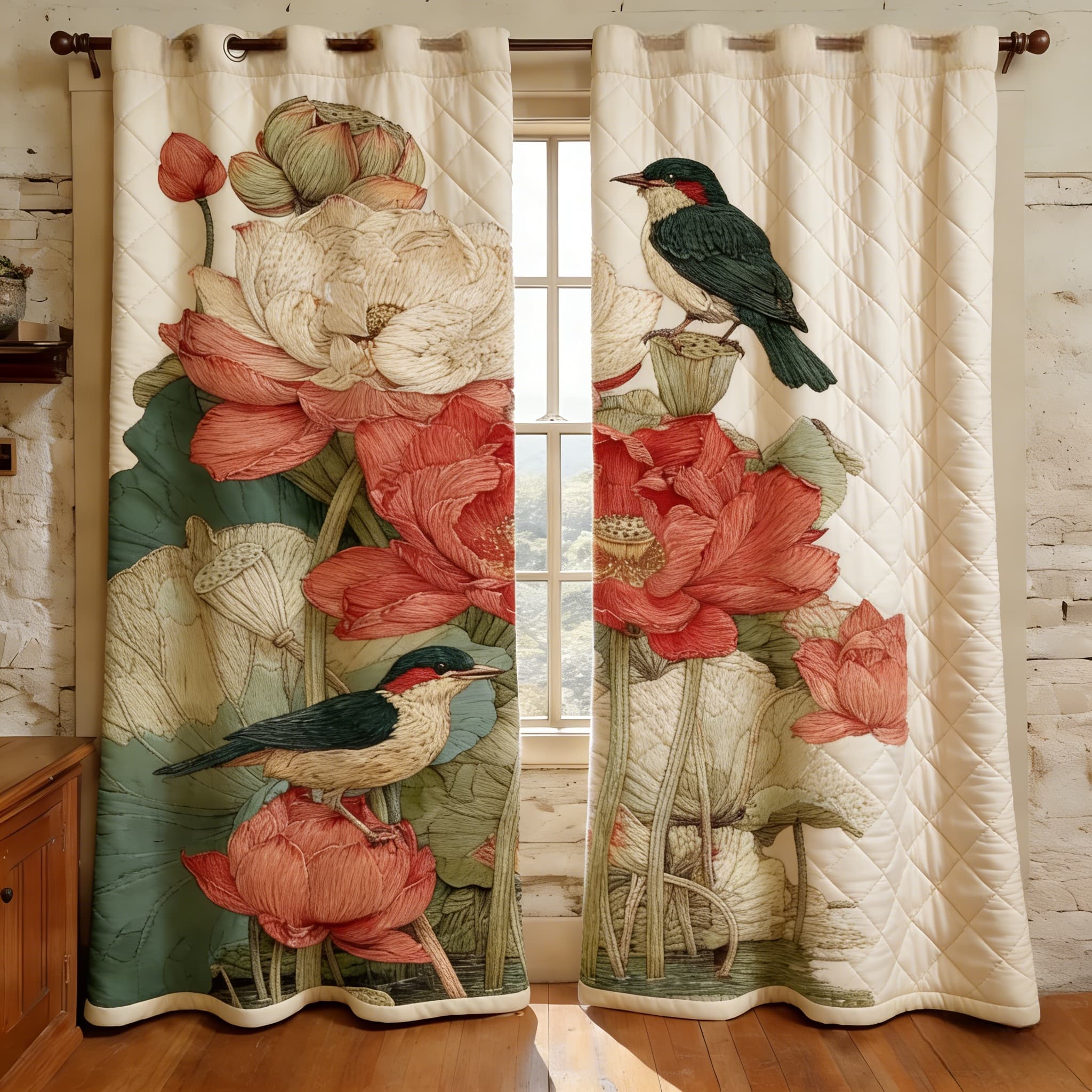 Lotus Blossom & Kingfisher Bird Embroidered Knitwear Quilted Curtains