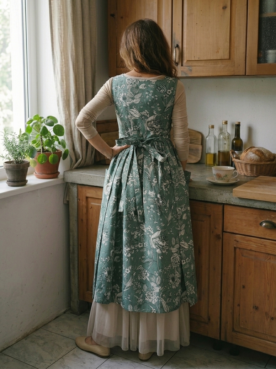 Vintage Grey Green Floral Print Long Apron & Dress (2-in-1) with Pockets