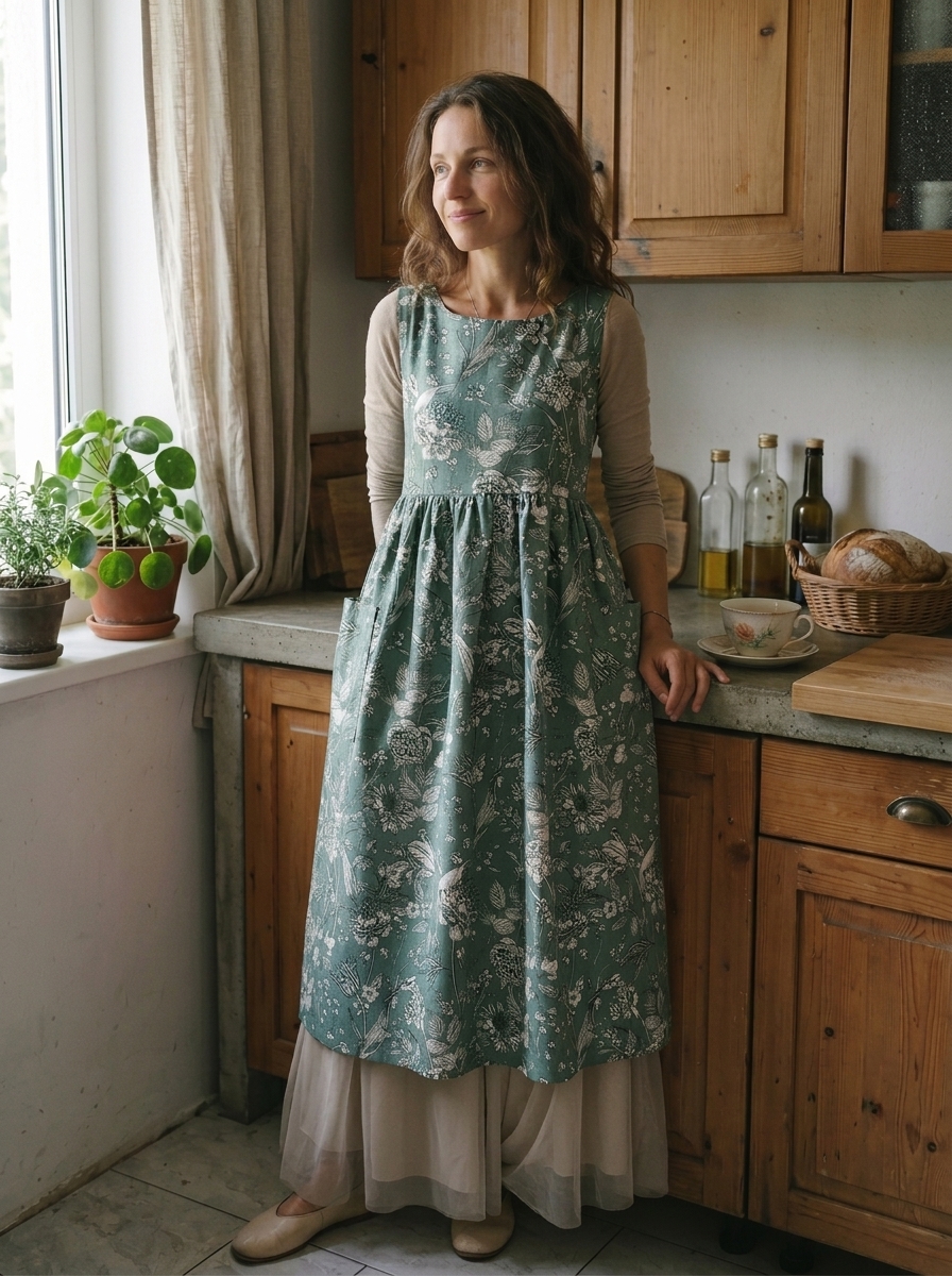 Vintage Grey Green Floral Print Long Apron & Dress (2-in-1) with Pockets
