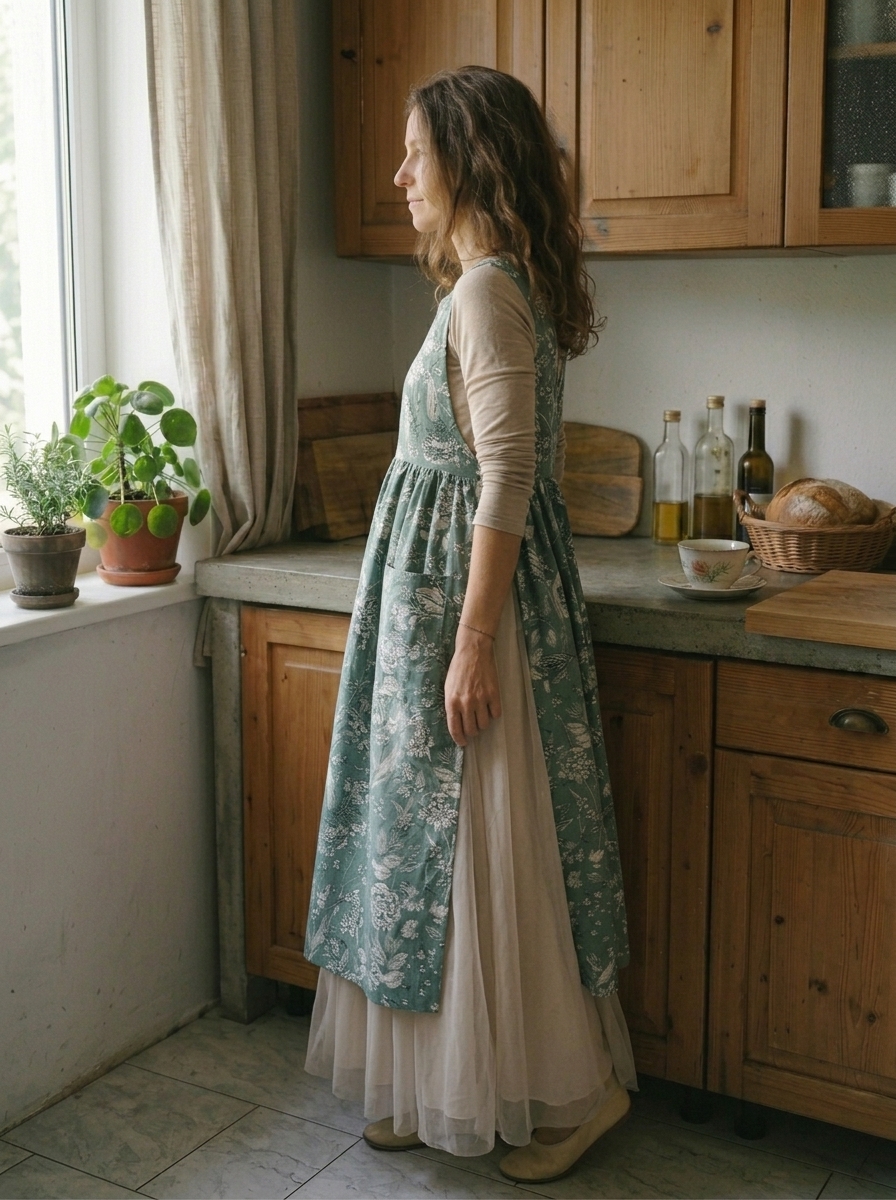 Vintage Grey Green Floral Print Long Apron & Dress (2-in-1) with Pockets