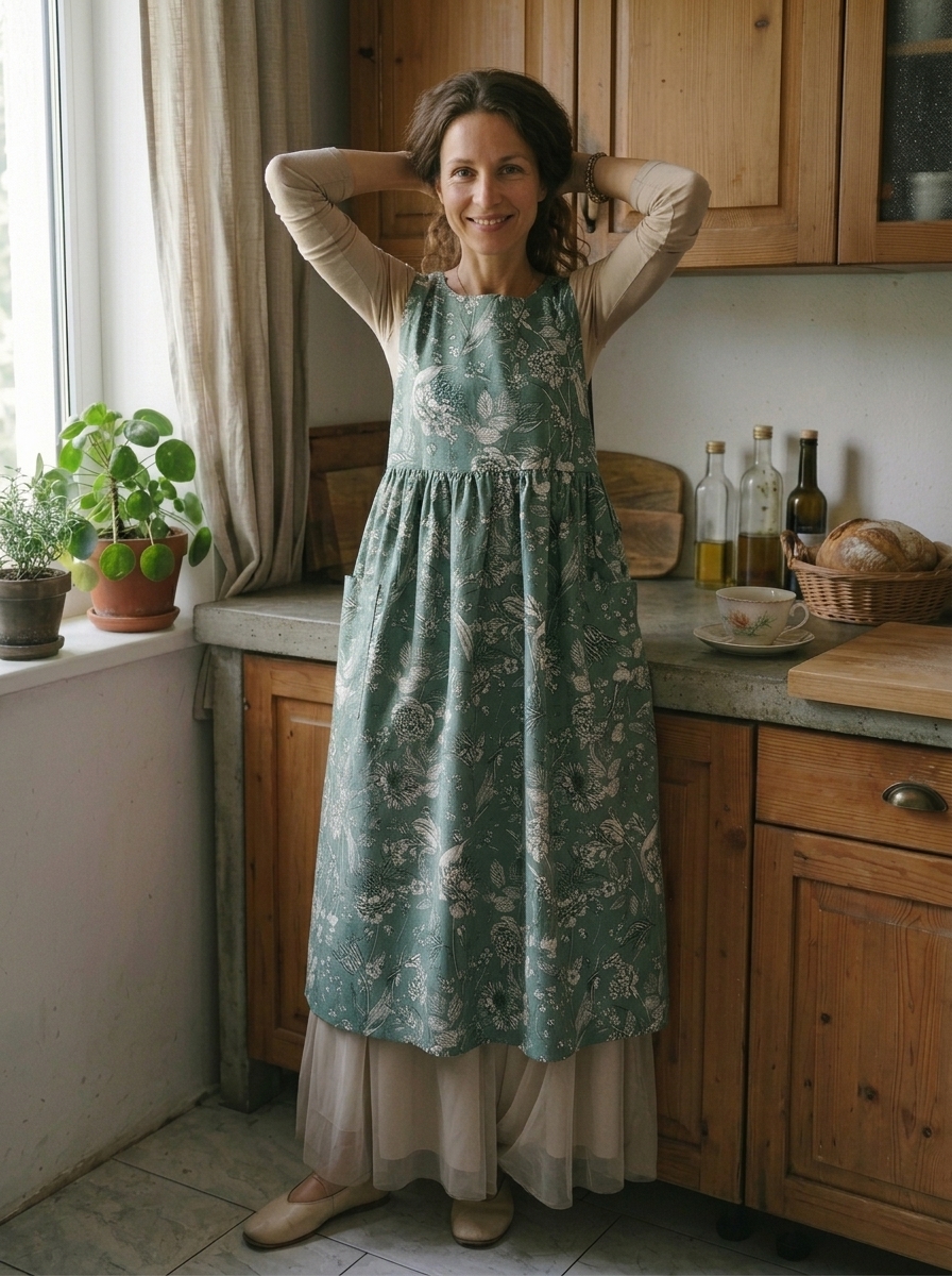 Vintage Grey Green Floral Print Long Apron & Dress (2-in-1) with Pockets