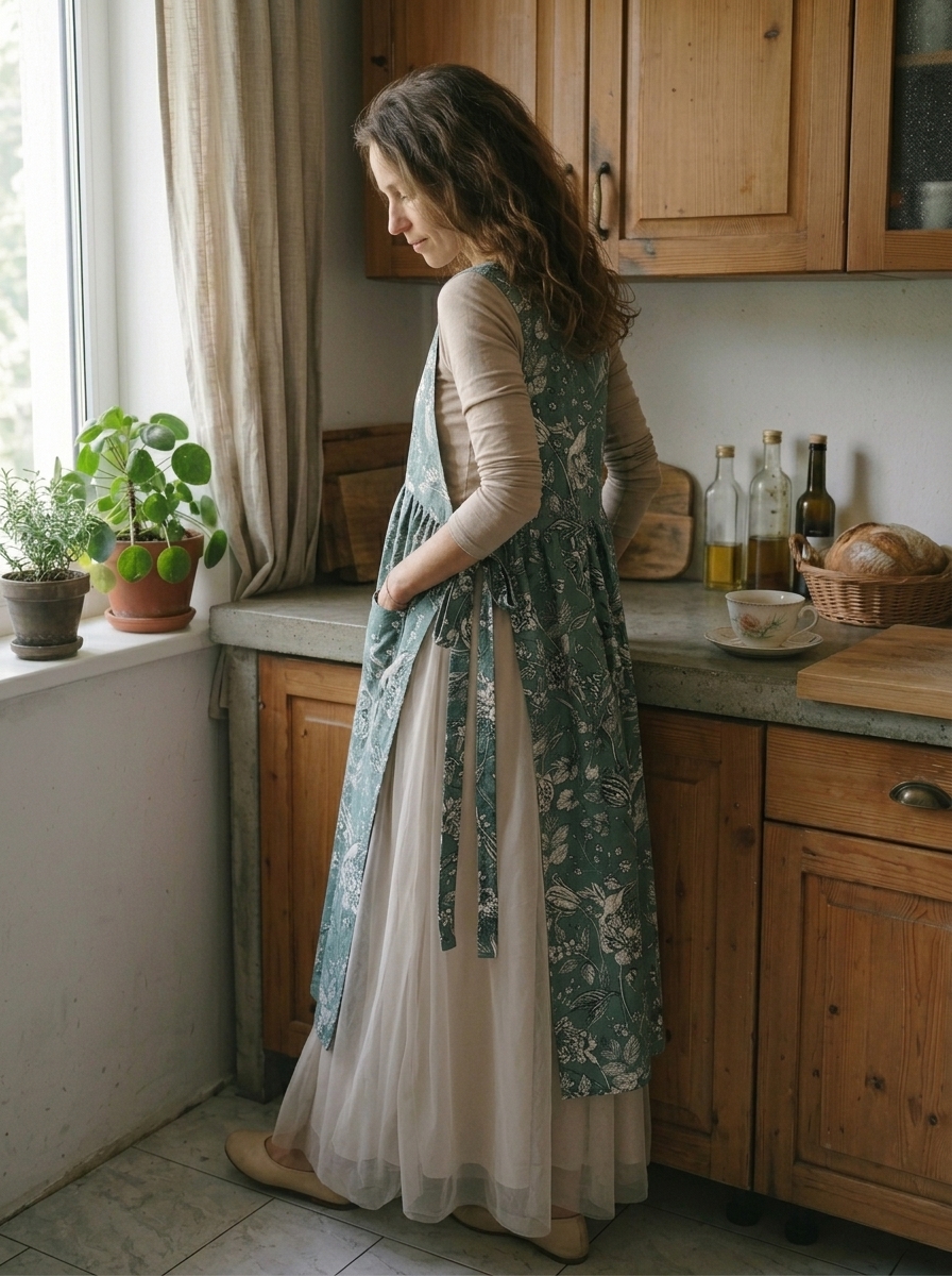 Vintage Grey Green Floral Print Long Apron & Dress (2-in-1) with Pockets