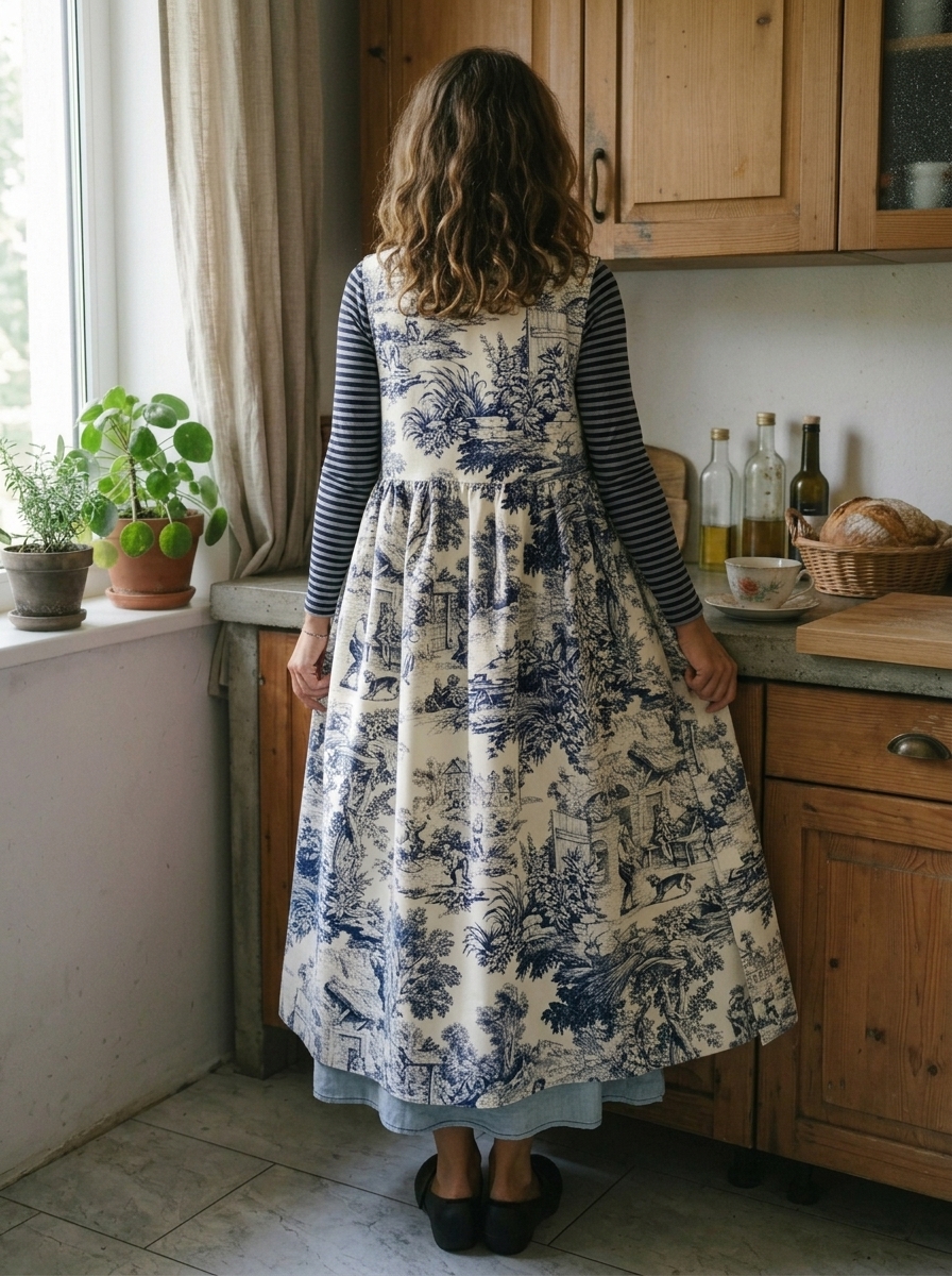 Vintage Blue & White Pastoral Landscape Print Long Apron & Dress (2-in-1)
