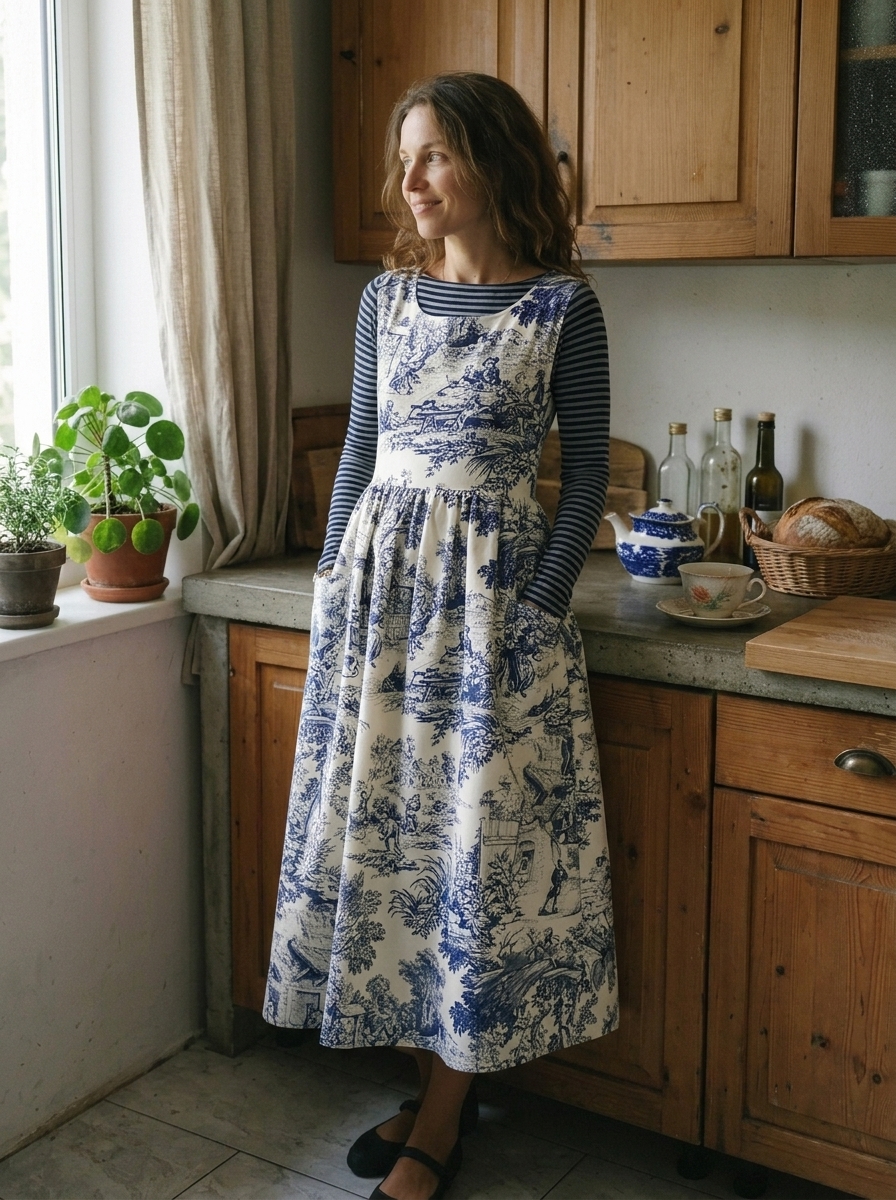 Vintage Blue & White Pastoral Landscape Print Long Apron & Dress (2-in-1)