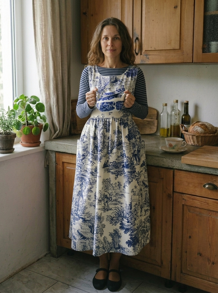 Vintage Blue & White Pastoral Landscape Print Long Apron & Dress (2-in-1)