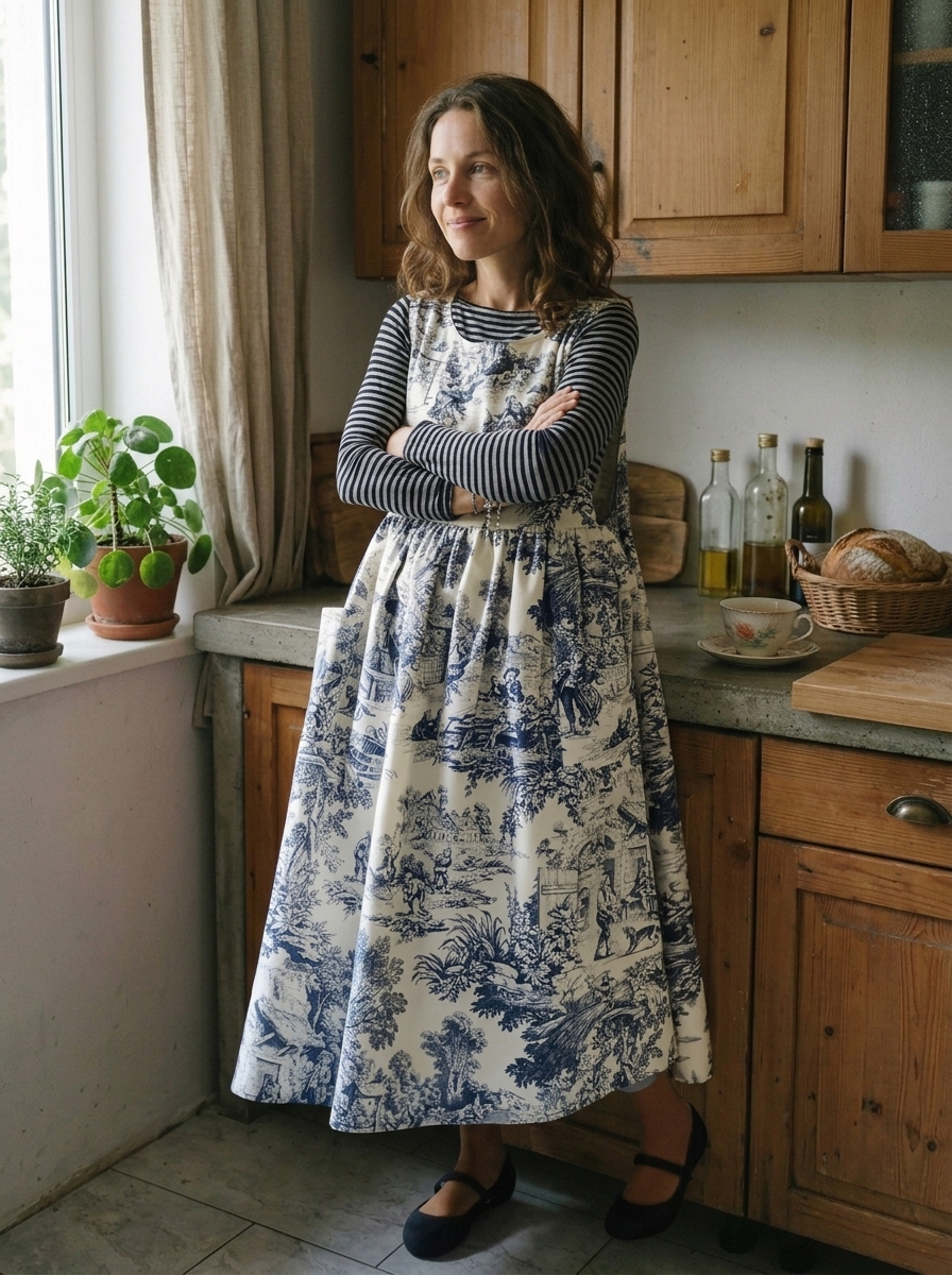 Vintage Blue & White Pastoral Landscape Print Long Apron & Dress (2-in-1)