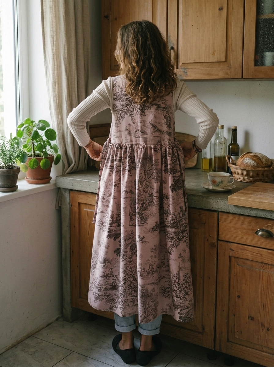 Vintage Pink Base Pastoral Landscape Print Long Apron & Dress (2-in-1)