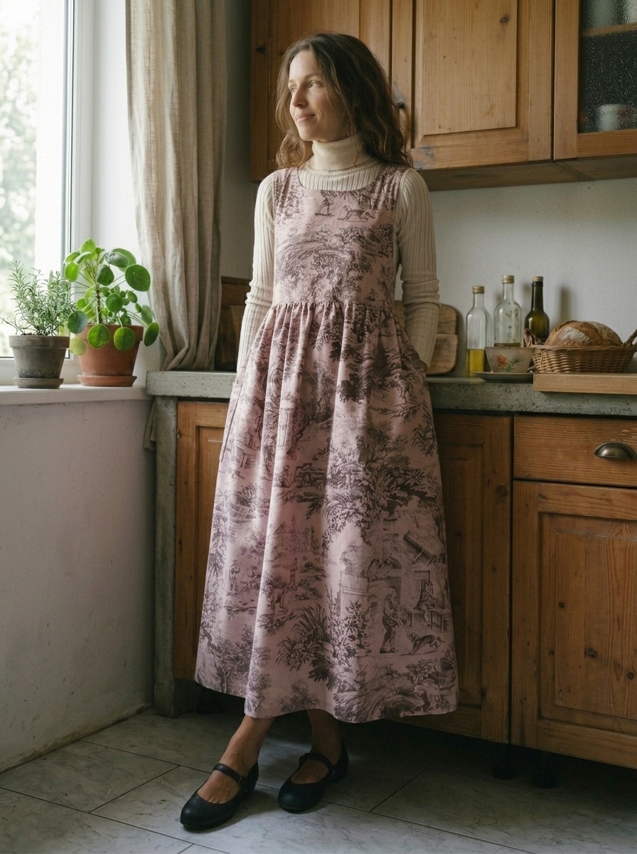 Vintage Pink Base Pastoral Landscape Print Long Apron & Dress (2-in-1)