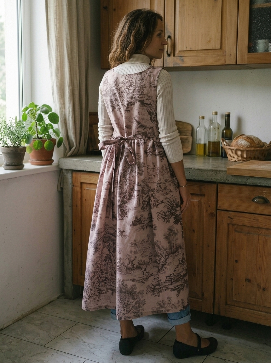 Vintage Pink Base Pastoral Landscape Print Long Apron & Dress (2-in-1)
