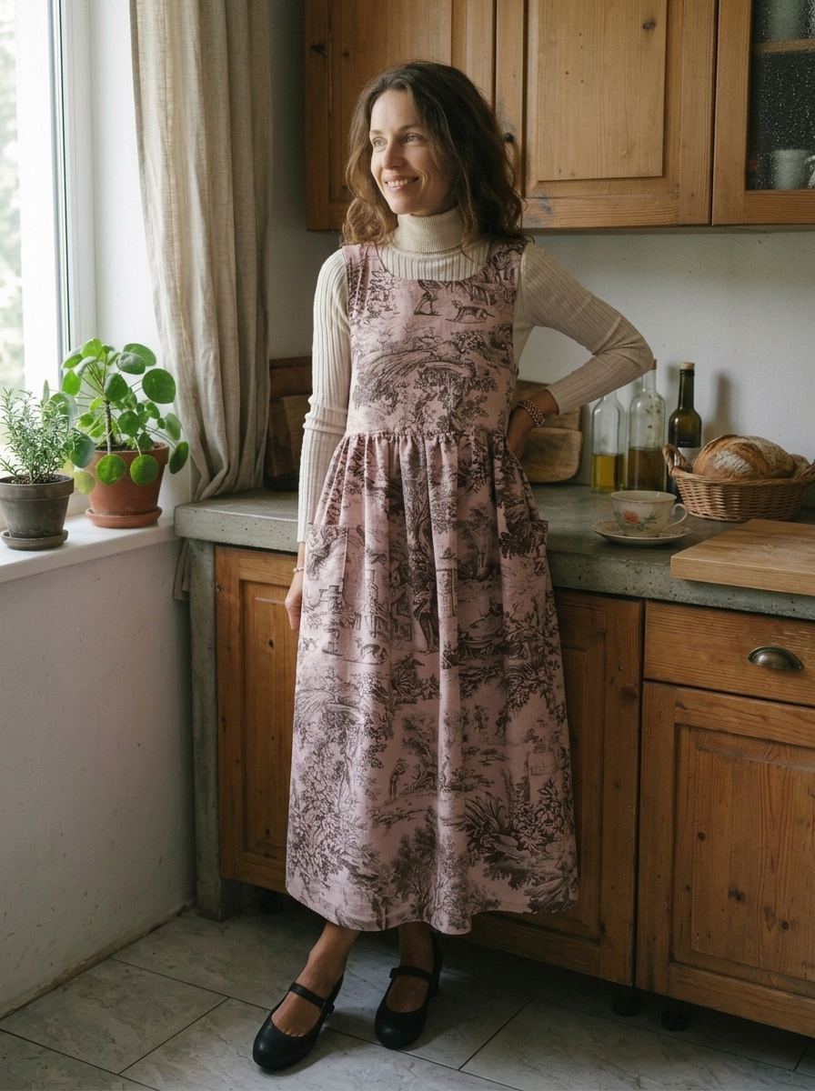 Vintage Pink Base Pastoral Landscape Print Long Apron & Dress (2-in-1)