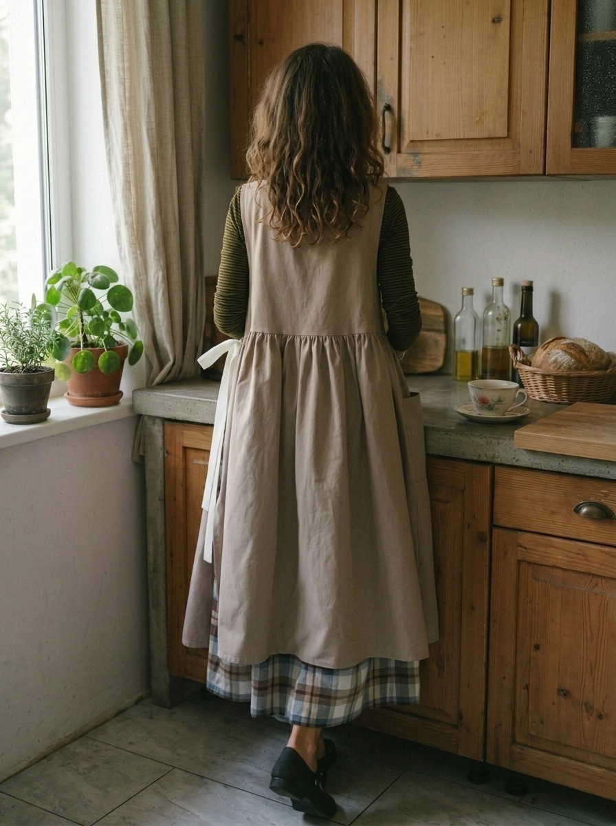Dove-Grey Women's Apron with Cream Laces
