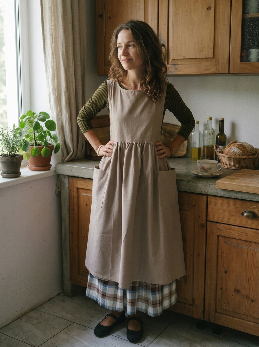 Dove-Grey Women's Apron with Cream Laces