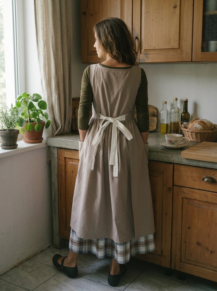 Dove-Grey Women's Apron with Cream Laces