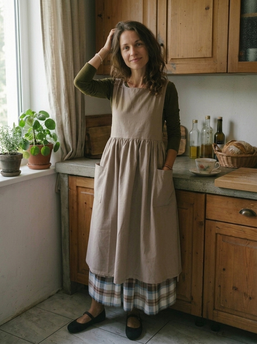 Dove-Grey Women's Apron with Cream Laces