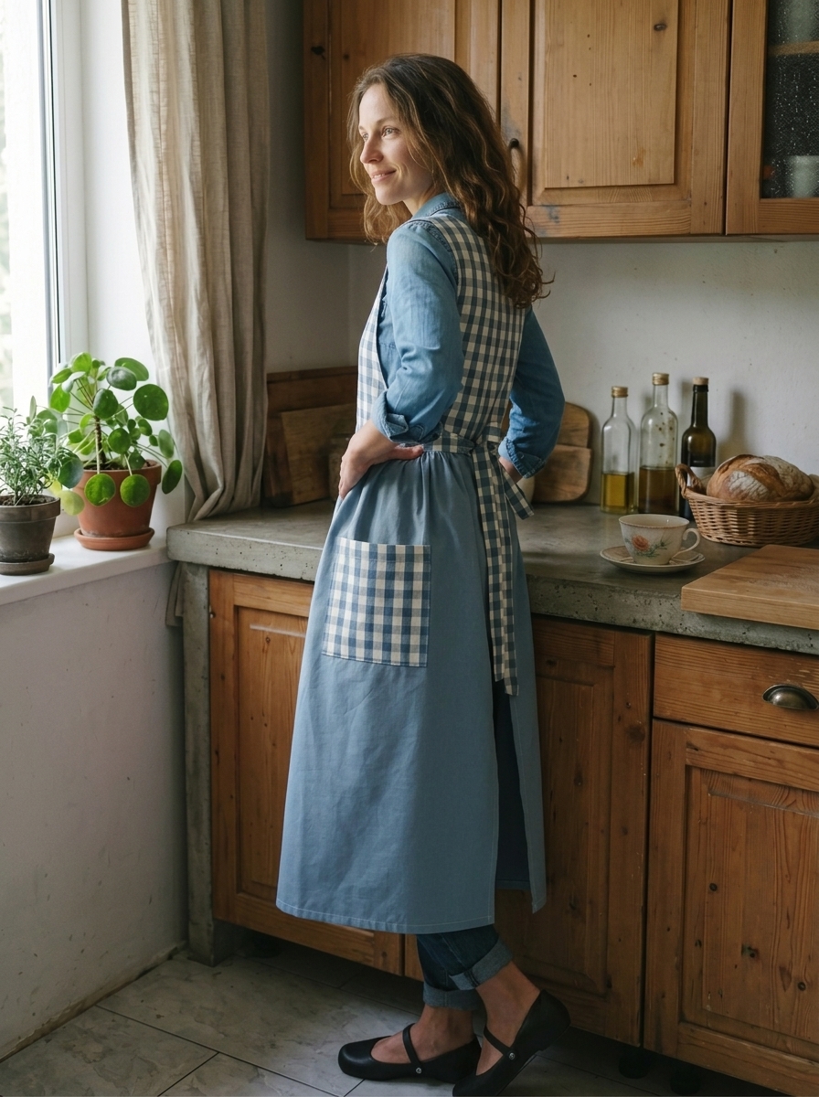 Dusty Blue Patchwork Cotton Apron