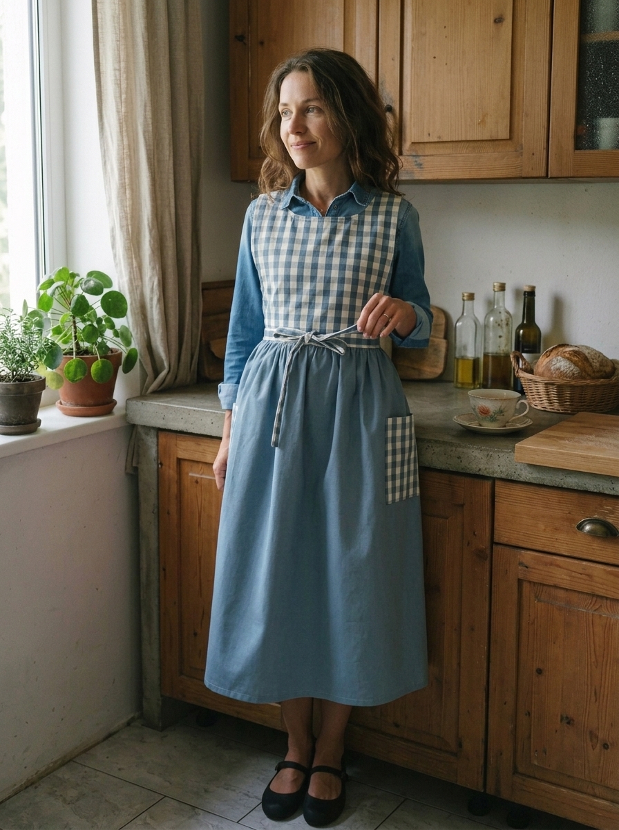Dusty Blue Patchwork Cotton Apron