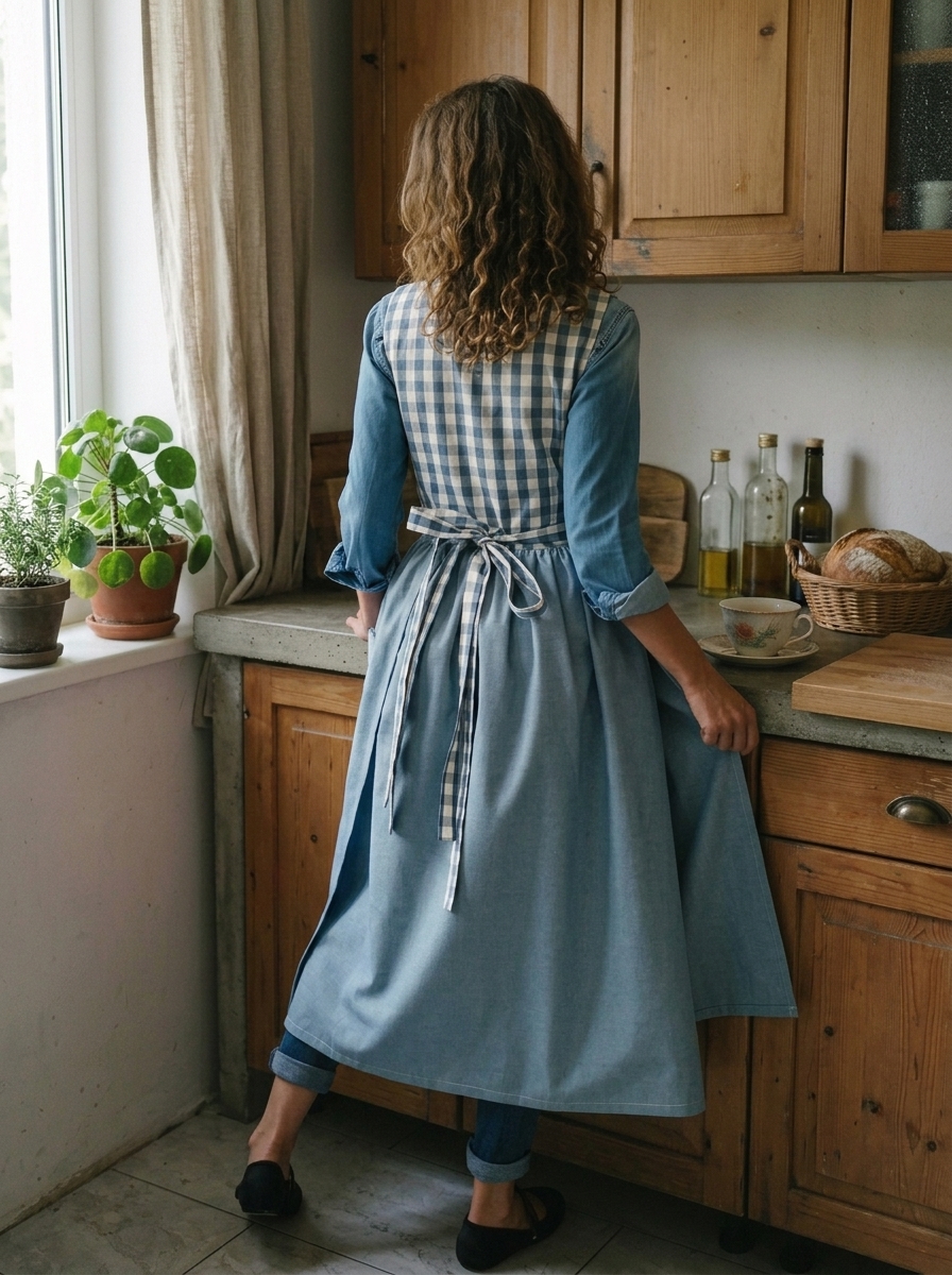 Dusty Blue Patchwork Cotton Apron