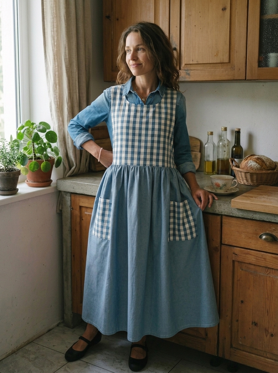Dusty Blue Patchwork Cotton Apron