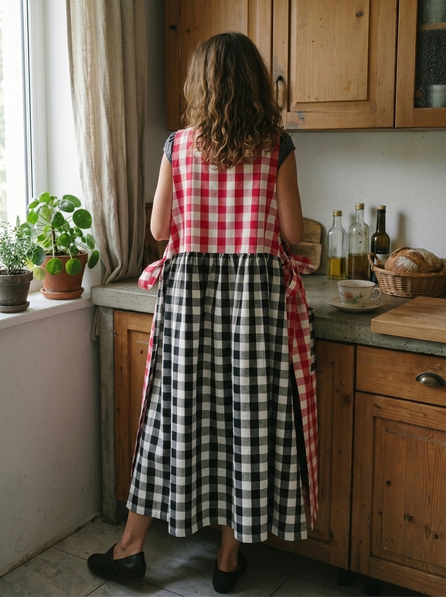 Patchwork Apron with Black and Red Checkered Pattern