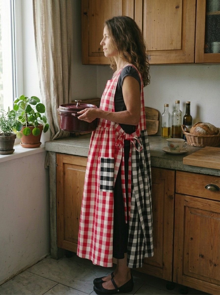 Patchwork Apron with Black and Red Checkered Pattern