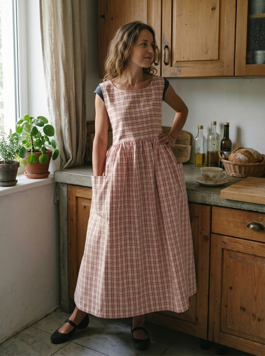 Pink and Cream Tartan Check Cotton Apron