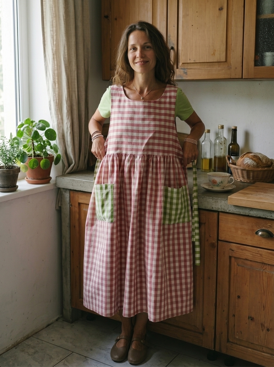Antique Pink and Light Green Checked Apron