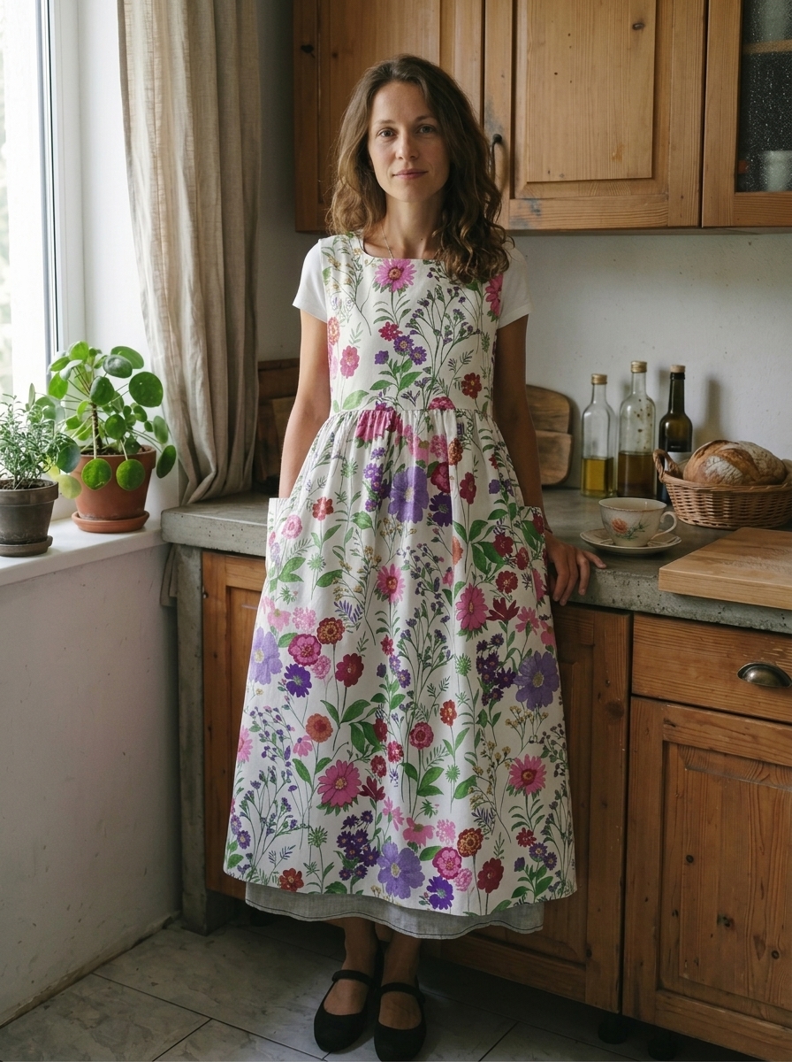 Vintage White Base Colorful Floral Print Long Apron & Dress (2-in-1)