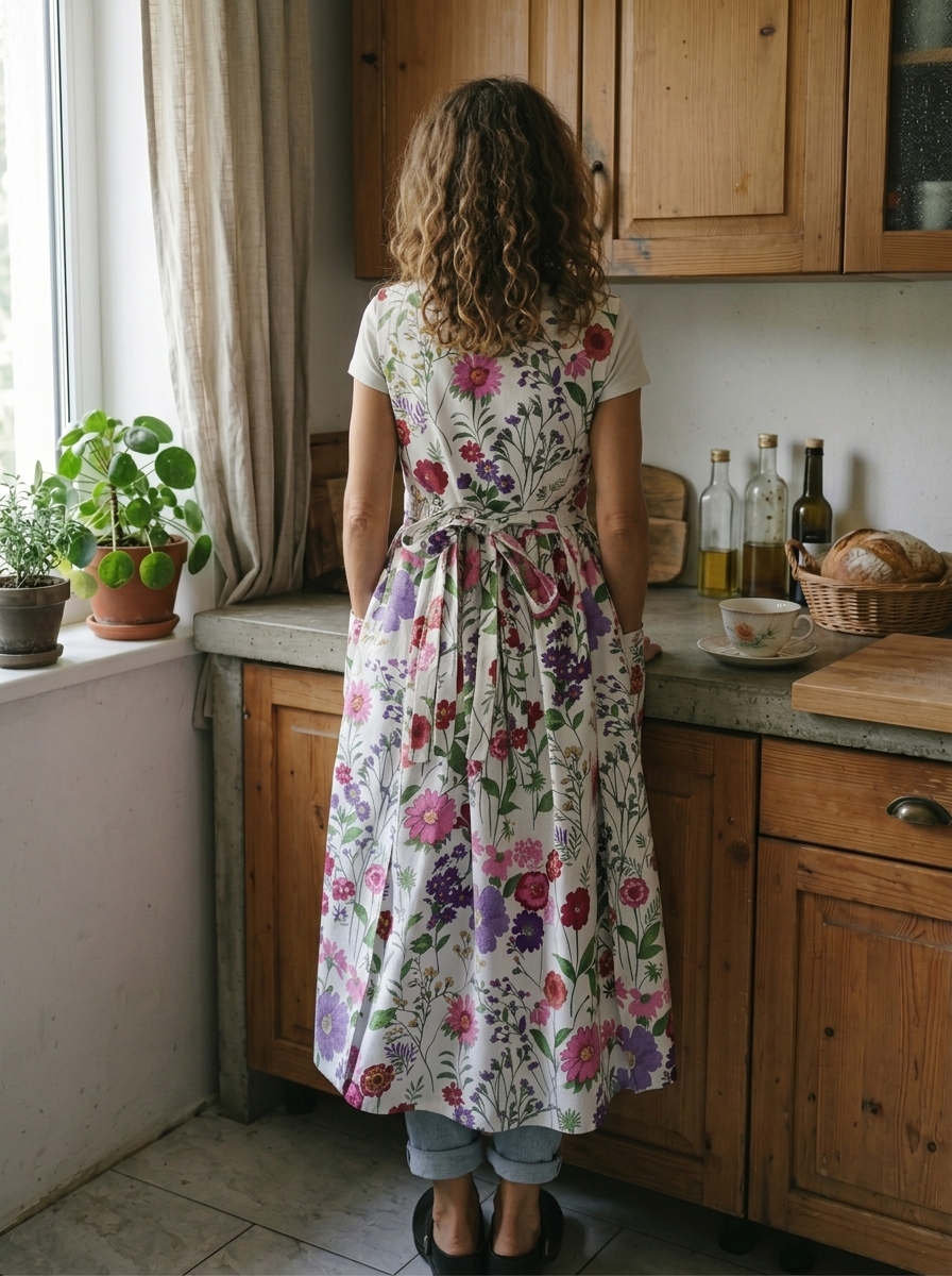 Vintage White Base Colorful Floral Print Long Apron & Dress (2-in-1)