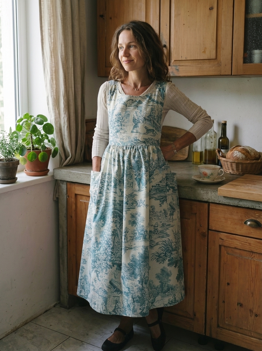 Vintage Teal Base Pastoral Landscape Print Long Apron & Dress (2-in-1)