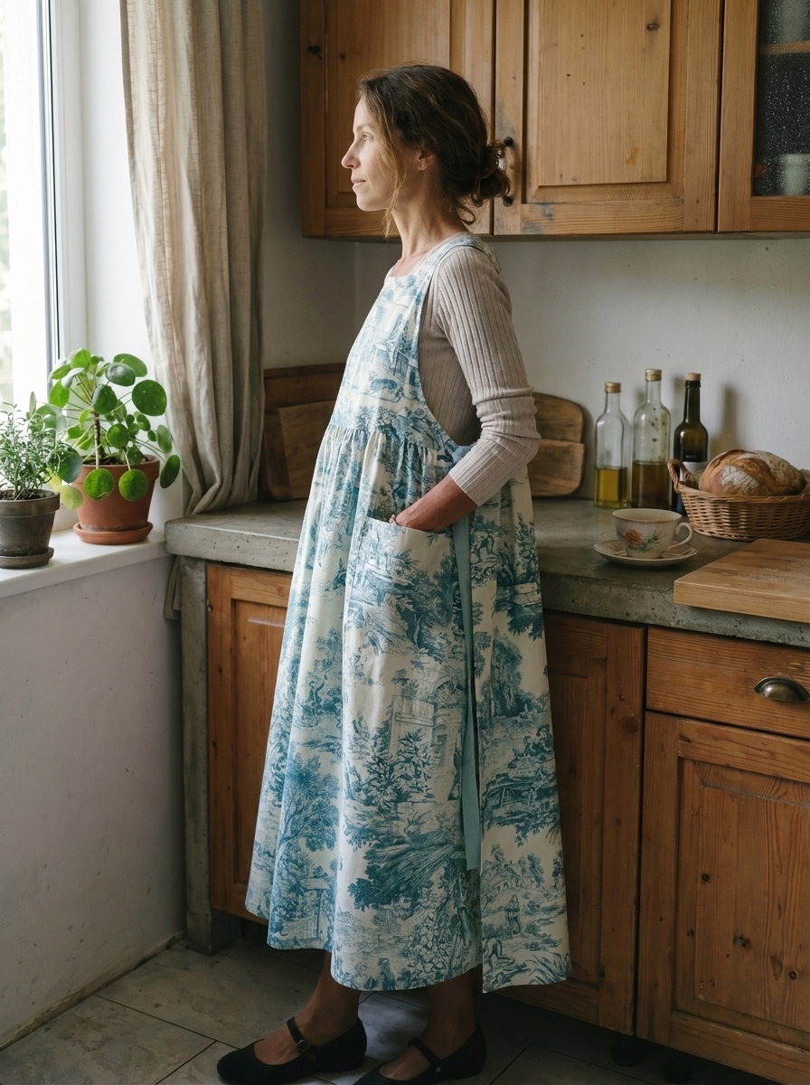 Vintage Teal Base Pastoral Landscape Print Long Apron & Dress (2-in-1)