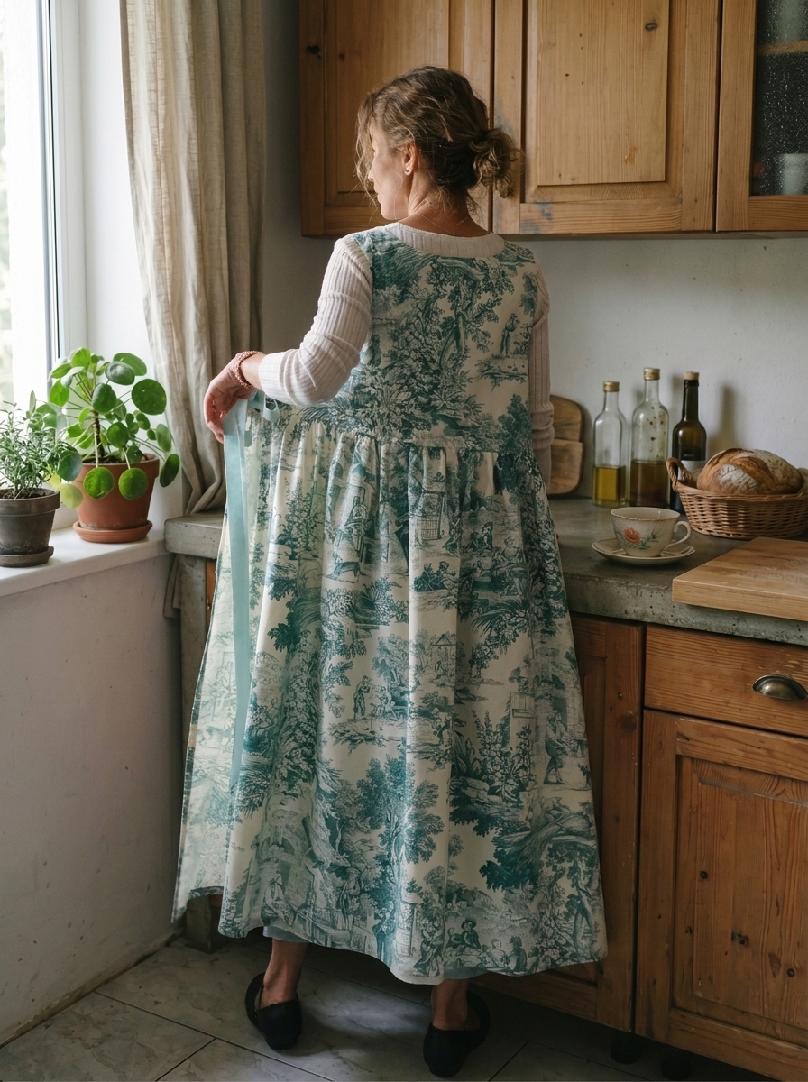 Vintage Teal Base Pastoral Landscape Print Long Apron & Dress (2-in-1)