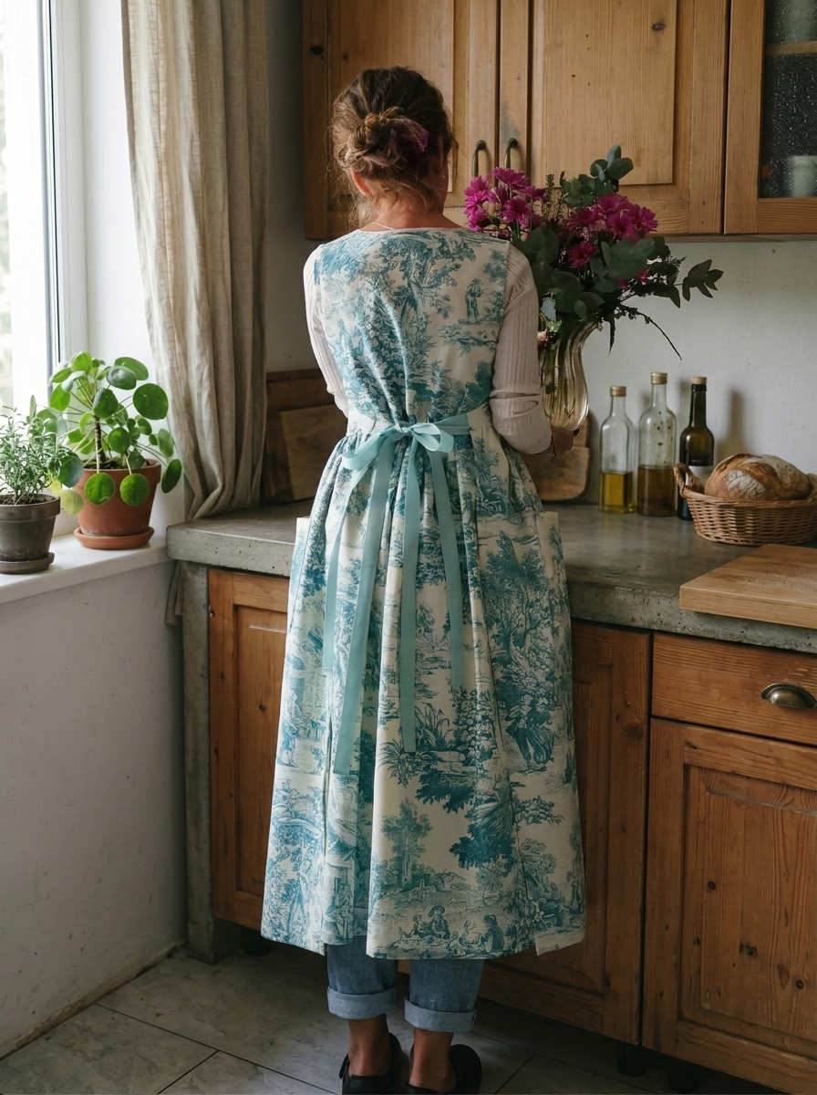 Vintage Teal Base Pastoral Landscape Print Long Apron & Dress (2-in-1)