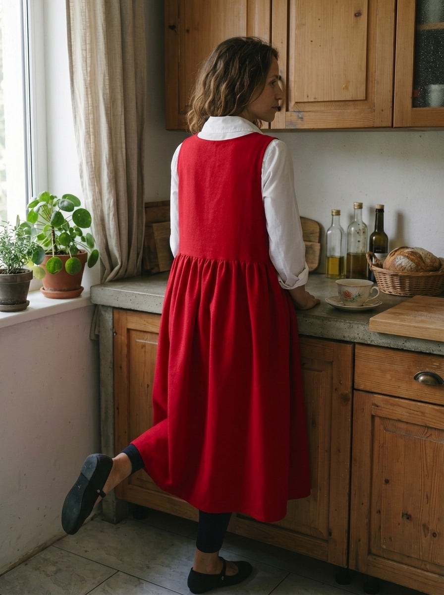 Vintage Red Apron & Dress (2-in-1) with Pockets