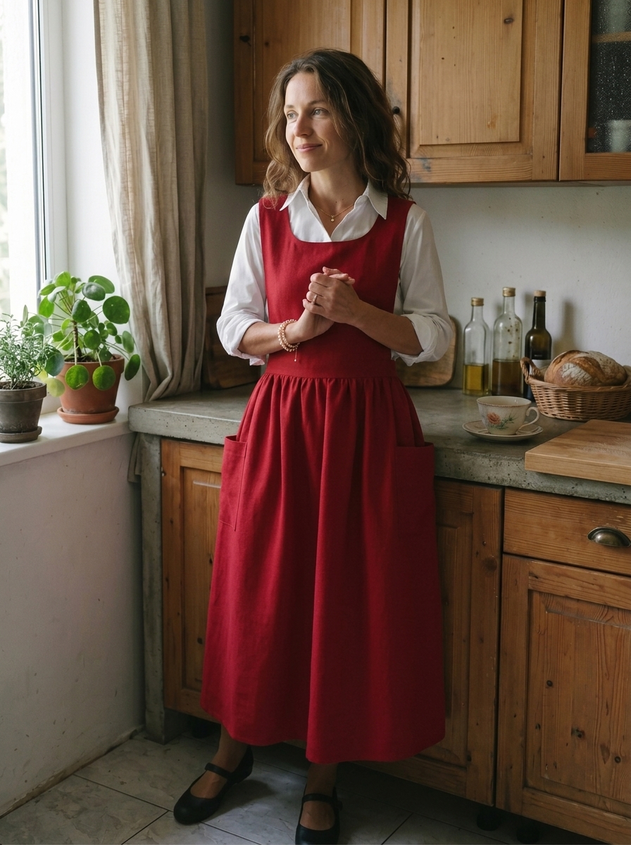 Vintage Red Apron & Dress (2-in-1) with Pockets