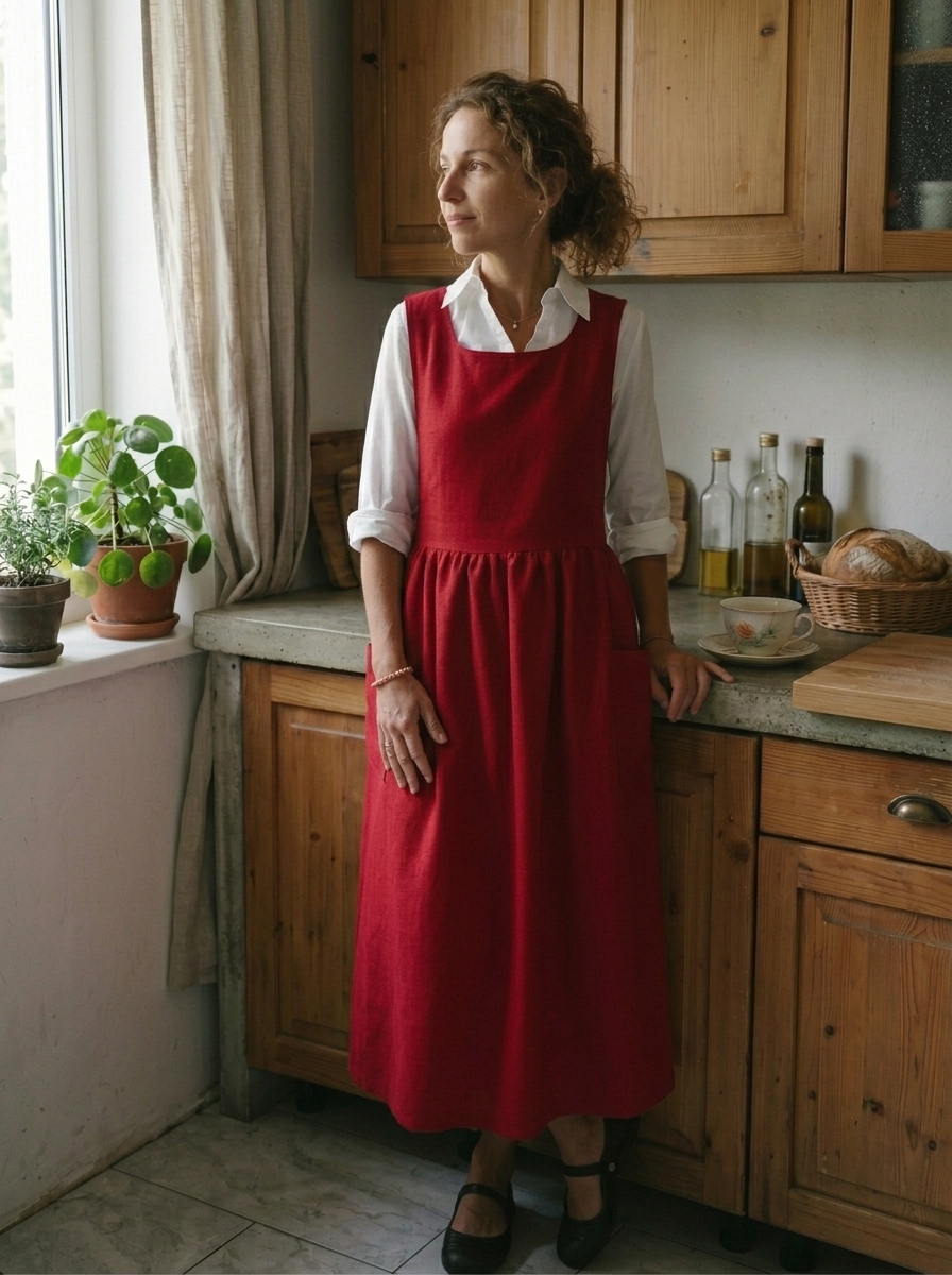 Vintage Red Apron & Dress (2-in-1) with Pockets