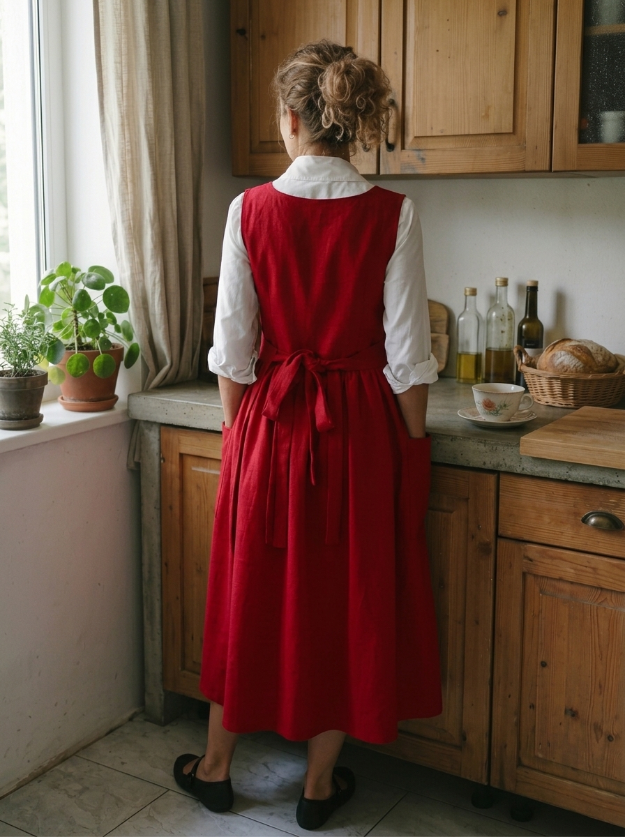 Vintage Red Apron & Dress (2-in-1) with Pockets
