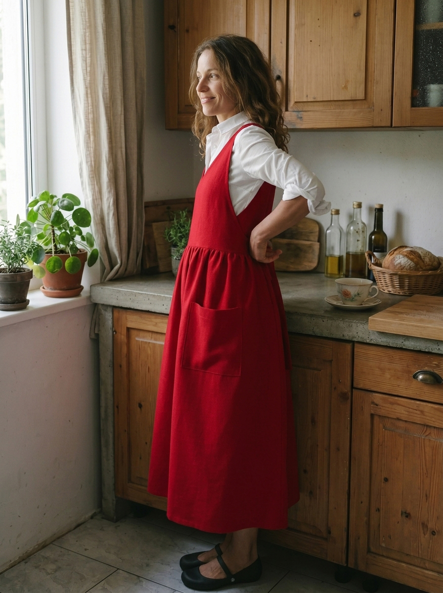 Vintage Red Apron & Dress (2-in-1) with Pockets