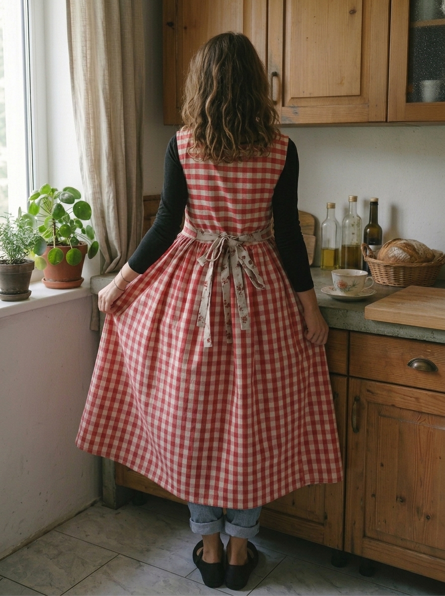 Vintage Red & White Plaid Long Apron & Dress (2-in-1) with Floral Pockets