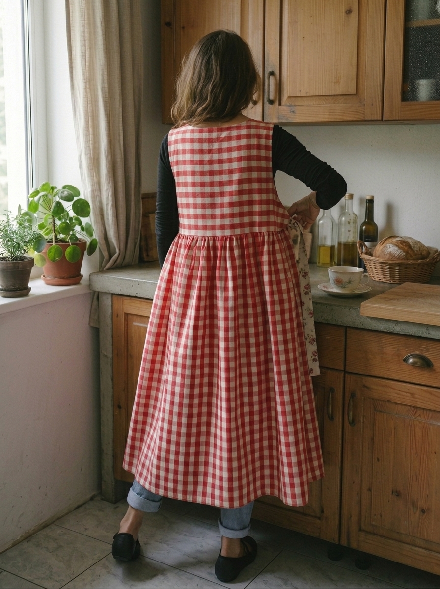 Vintage Red & White Plaid Long Apron & Dress (2-in-1) with Floral Pockets