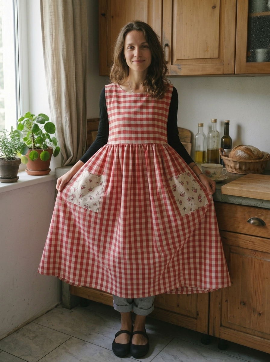 Vintage Red & White Plaid Long Apron & Dress (2-in-1) with Floral Pockets