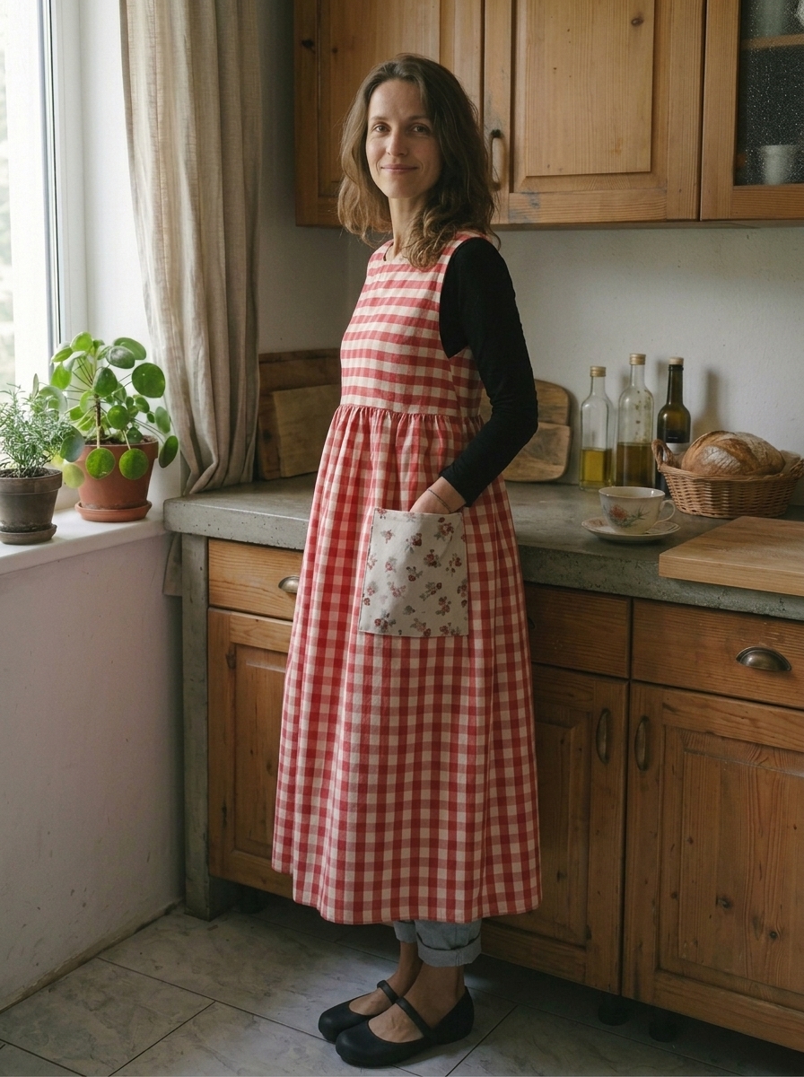 Vintage Red & White Plaid Long Apron & Dress (2-in-1) with Floral Pockets