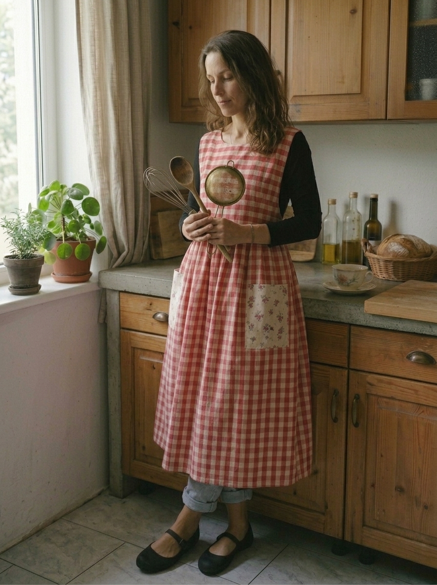 Vintage Red & White Plaid Long Apron & Dress (2-in-1) with Floral Pockets