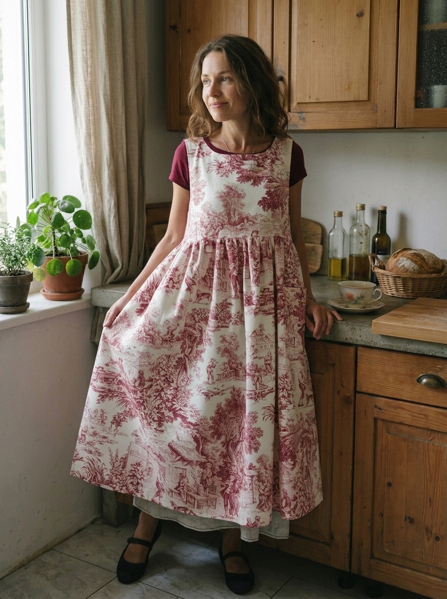 Vintage Crimson Pastoral Figure Print Long Apron & Dress (2-in-1)