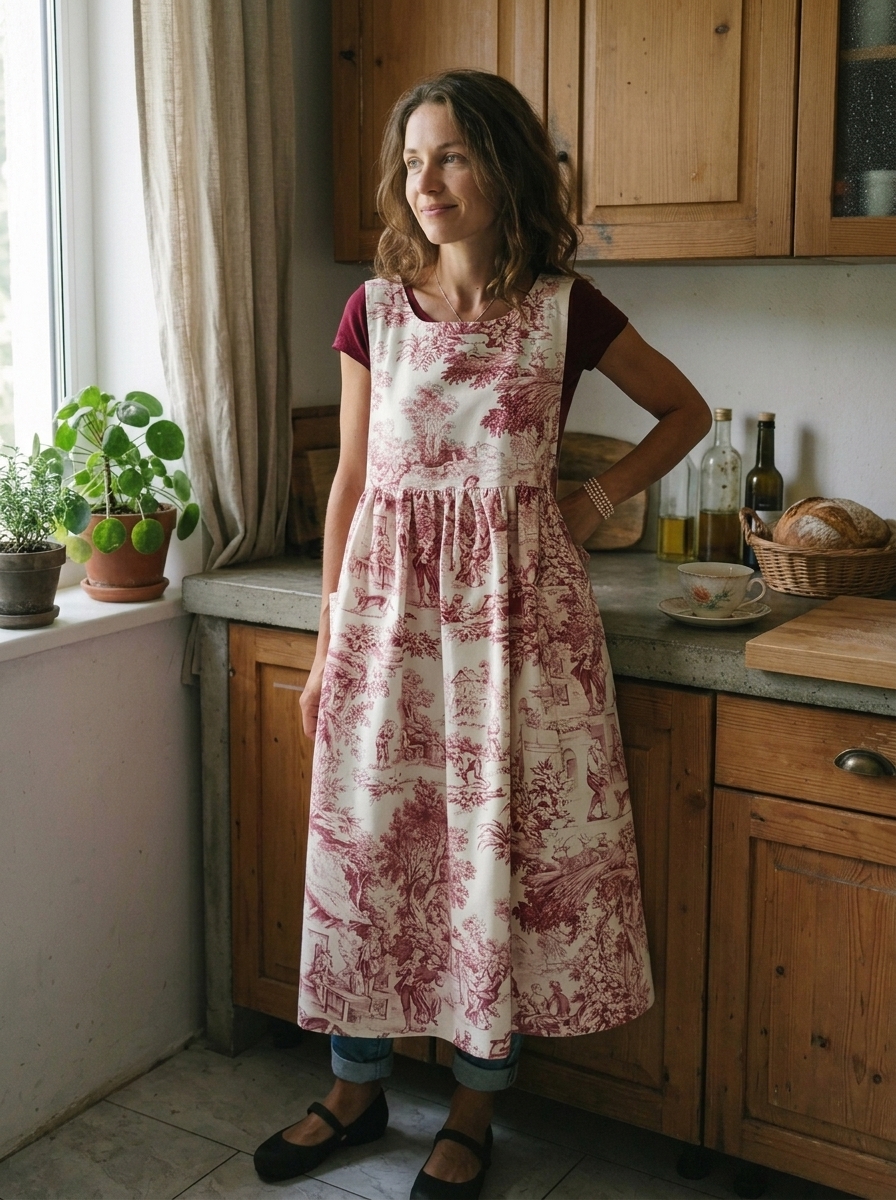 Vintage Crimson Pastoral Figure Print Long Apron & Dress (2-in-1)