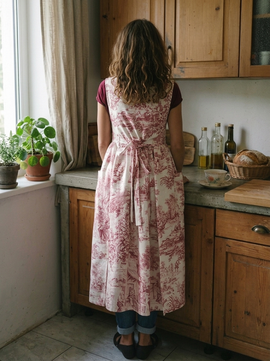 Vintage Crimson Pastoral Figure Print Long Apron & Dress (2-in-1)