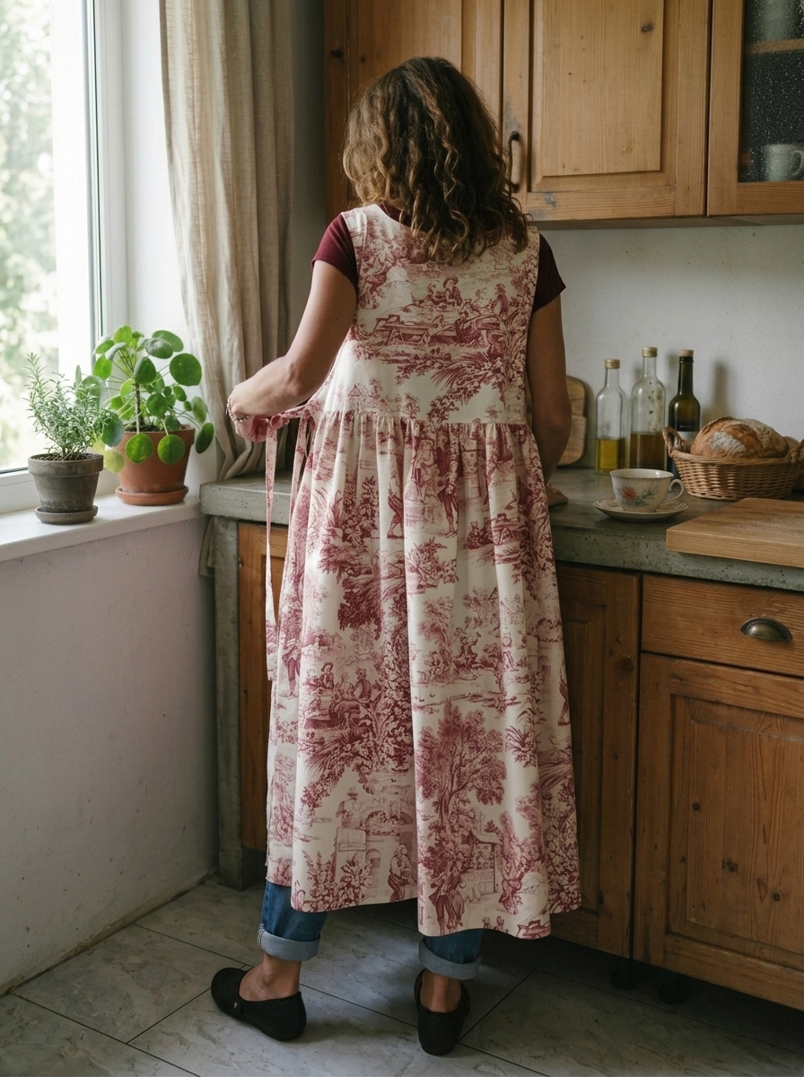 Vintage Crimson Pastoral Figure Print Long Apron & Dress (2-in-1)