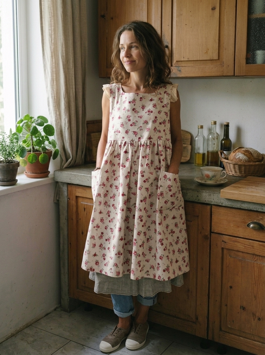 Vintage Beige Base Pink Floral Print Long Apron & Dress (2-in-1)