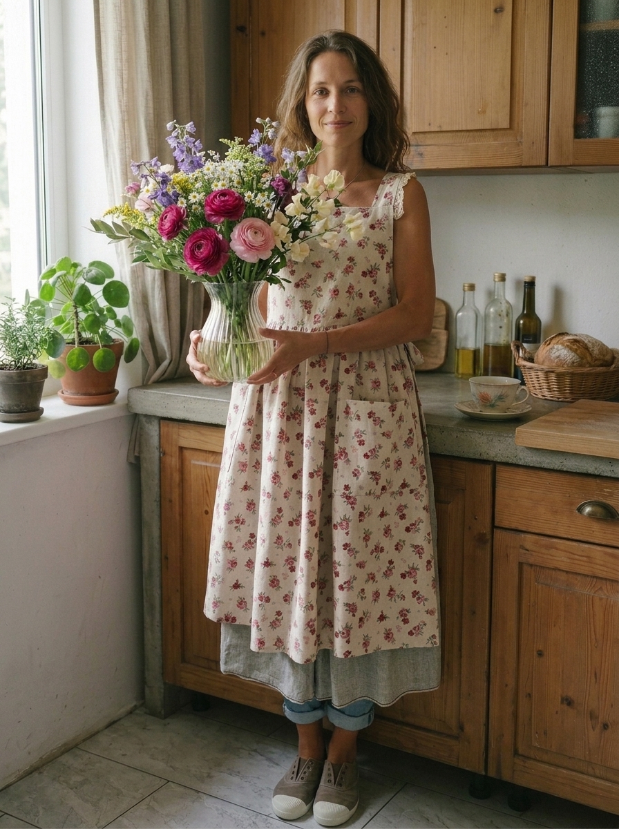 Vintage Beige Base Pink Floral Print Long Apron & Dress (2-in-1)