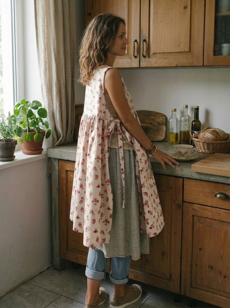 Vintage Beige Base Pink Floral Print Long Apron & Dress (2-in-1)